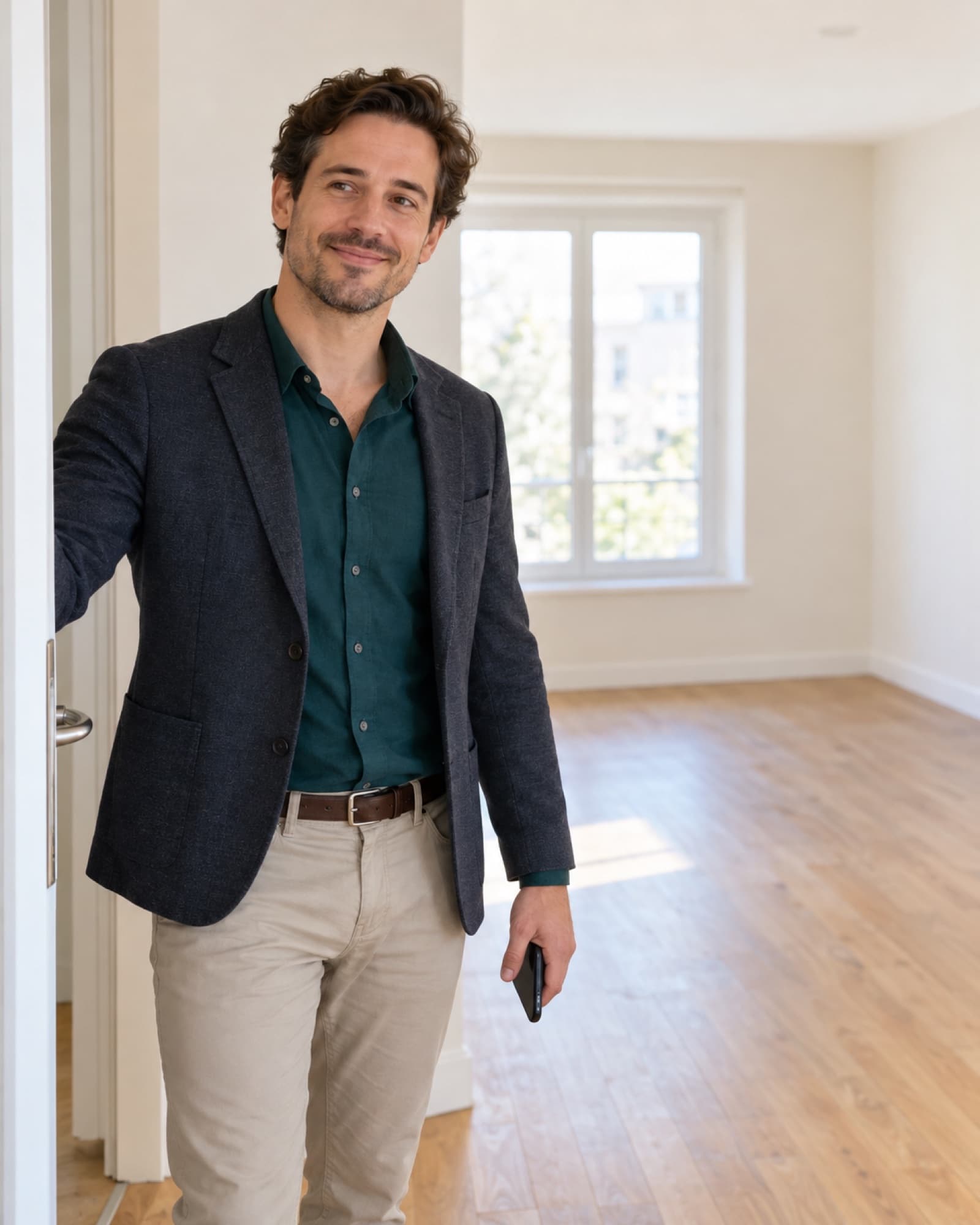 A real estate agent welcoming someone into an empty apartment.
