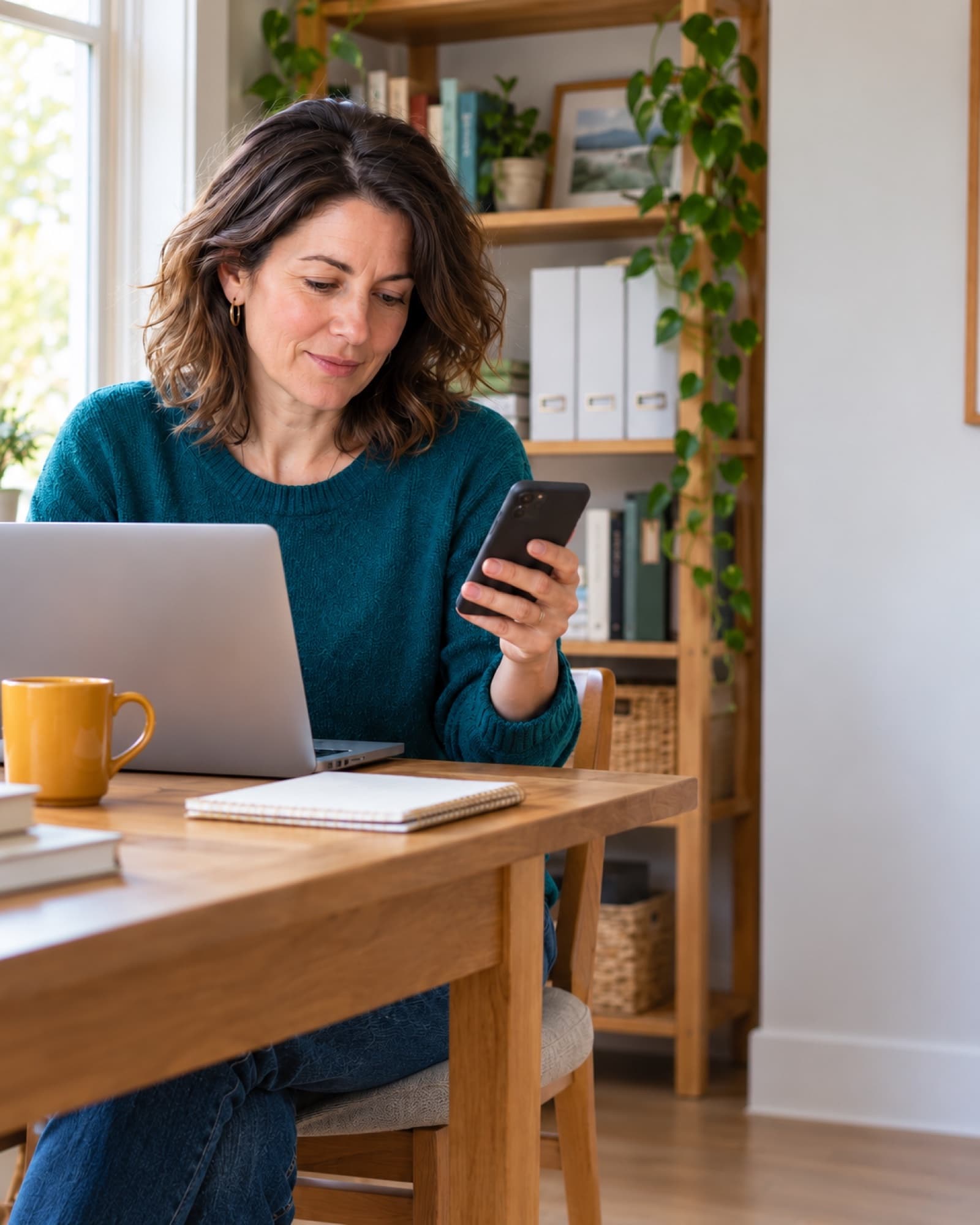 A property owner at her desk checking an update on her phone.