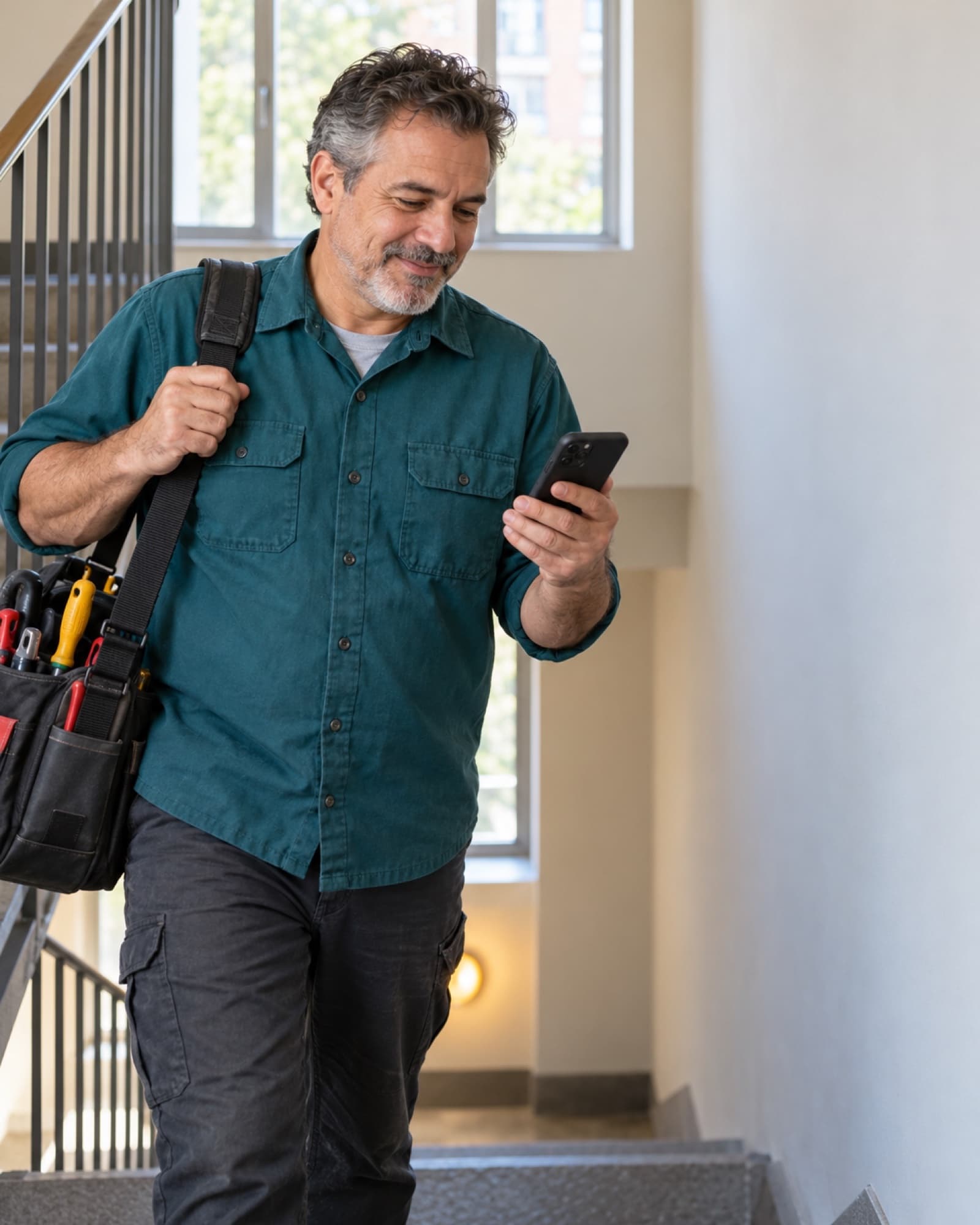 A maintenance professional with a tool bag checking a new job on his phone.