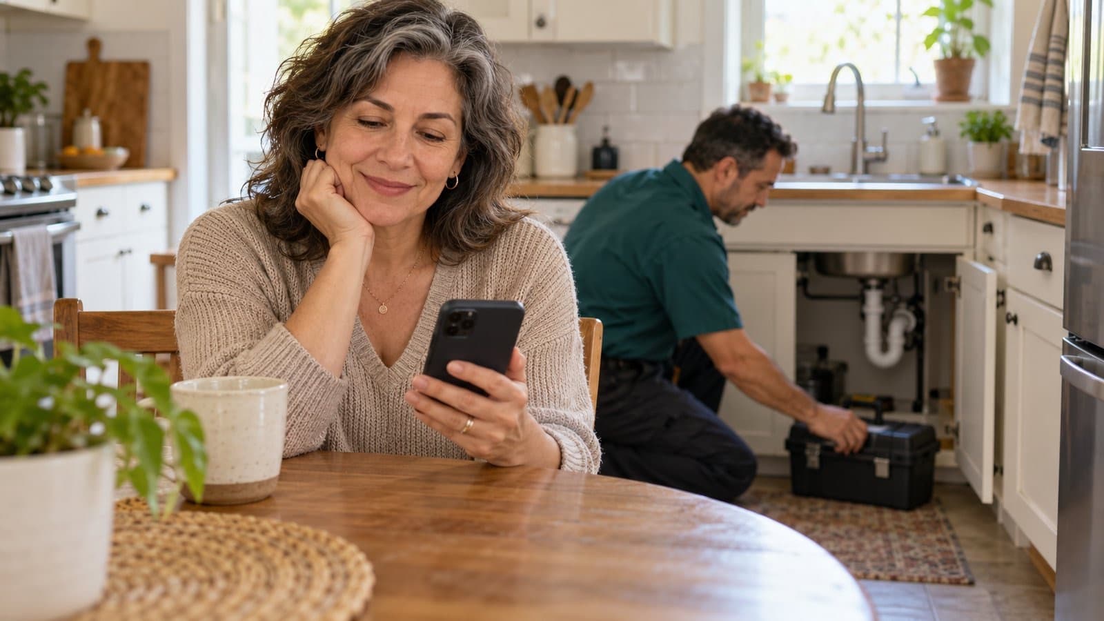 Una propietaria sonríe al ver una actualización en su celular en la mesa de la cocina mientras un técnico cierra su caja de herramientas bajo el fregadero ya reparado.