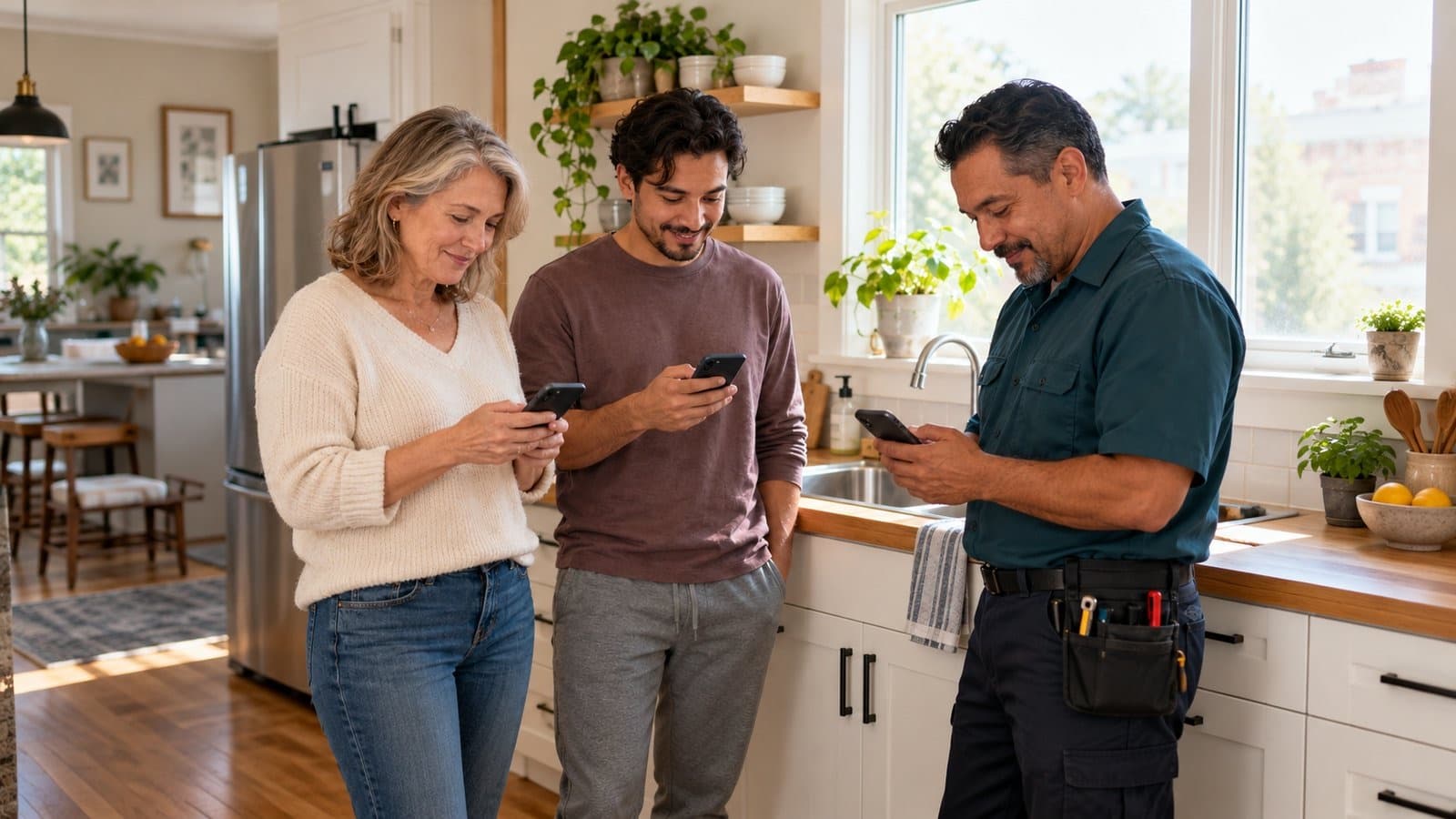 A property owner, a tenant and a maintenance pro in a bright kitchen, each checking the same repair update on their phone.
