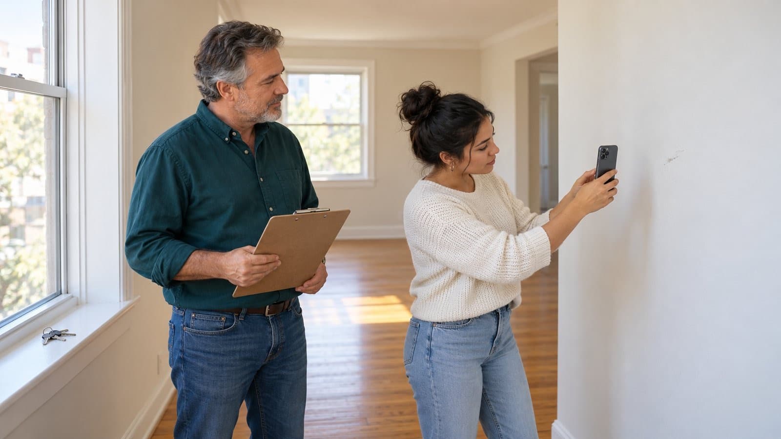 A landlord with a clipboard watches a new tenant photograph a small mark on the wall of an empty apartment; a set of keys rests on the window sill.